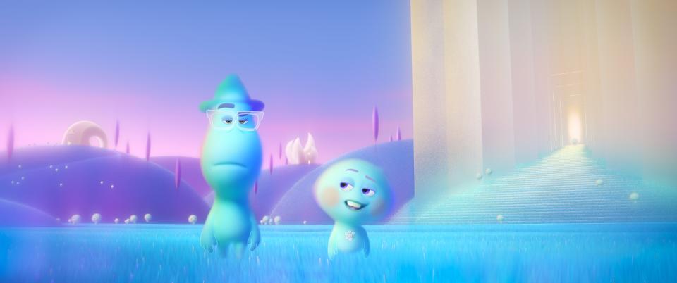 Joe Gardner (voiced by Jamie Foxx, left) and 22 (voiced by Tina Fey) go on an existential journey about the joys of living in "Soul."