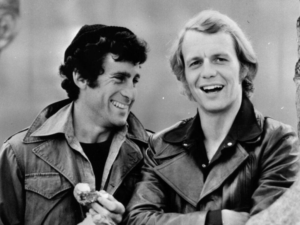 David Soul, the American actor with his co-star Paul Michael Glaser in the long standing and very popular series of 'Starsky and Hutch', one of the first of 'New York Cops' series.