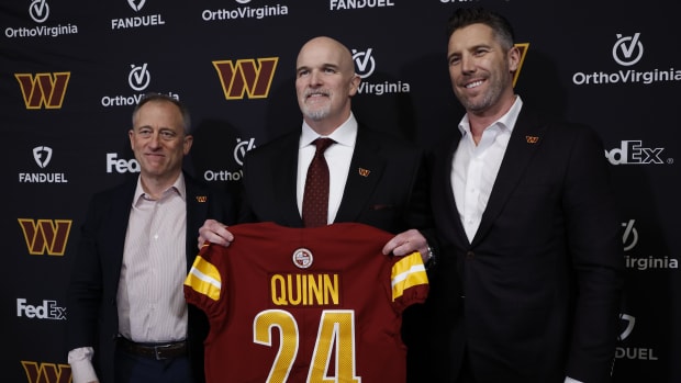 Washington Commanders owner Josh Harris, head coach Dan Quinn, and general manager Adam Peters