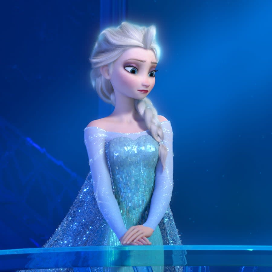 Elsa from Frozen in an elegant, glittering gown, gazing thoughtfully while surrounded by icy blue decor