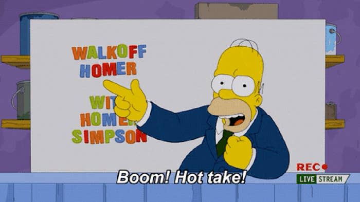 Homer Simpson, animated character, wearing a suit and tie, pointing at a sign that says "Walkoff Homer with Homer Simpson." Text below reads, "Boom! Hot take!"