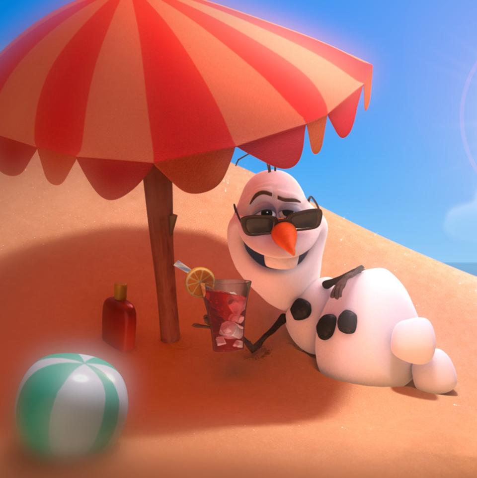 Animated character Olaf from Frozen lounges under a beach umbrella with sunglasses, sandcastle, and beach ball nearby. A sailboat is in the background