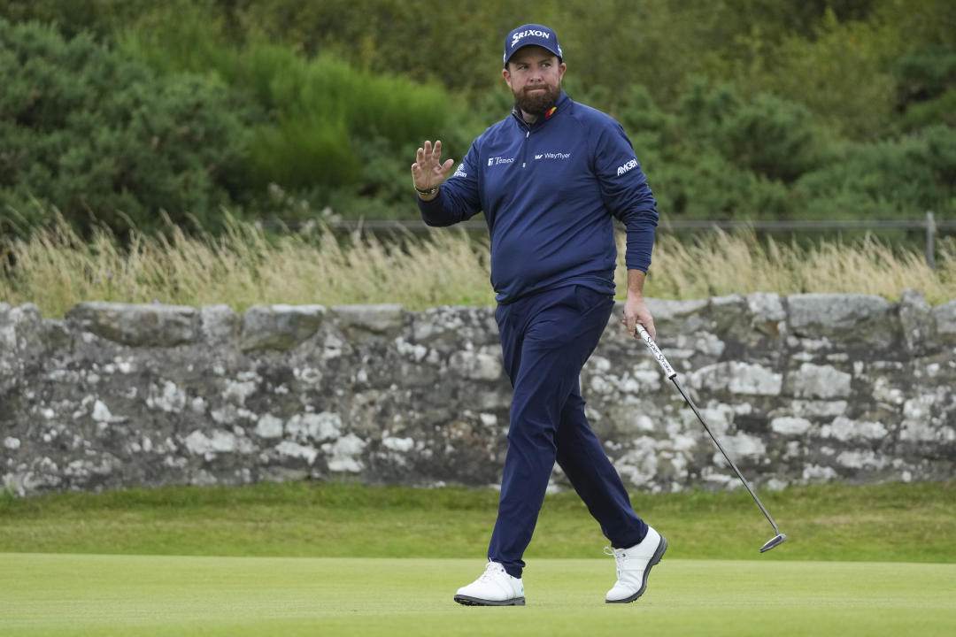 Shane Lowry of Ireland reacts after sinking a birdie putt on the 11th hole during his opening round of the British Open Golf Championships at Royal Troon golf club in Troon, Scotland, Thursday, July 18, 2024. (AP Photo/Jon Super)