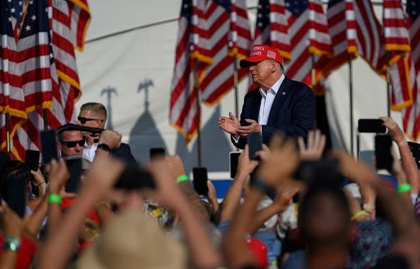 BUTLER, PENNSYLVANIA - JULY 13: Republican presidential candidate, former U.S. President Donald Trump arrives for a rally at Butler Farm Show Inc. on July 13, 2024 in Butler, Pennsylvania. Shortly after, shots rang out and Trump slumped before being whisked away by Secret Service with injuries visible to the side of his head. Butler County district attorney Richard Goldinger said the shooter and one audience member are dead and another was injured. (Photo by Jeff Swensen/Getty Images)