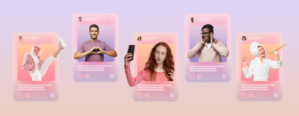 Social media posts showing five influencers: each in different poses, including a dancer kicking, a man making a heart symbol, and a person in a bathrobe with a baguette