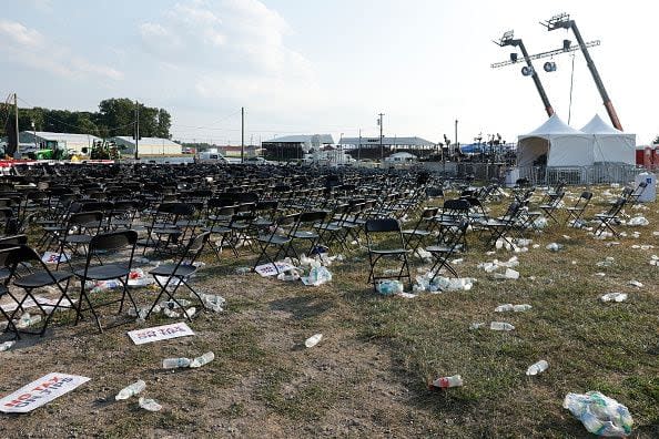 BUTLER, PENNSYLVANIA - JULY 13: Campaign signs and empty water bottles are seen on the ground of a campaign rally for Republican presidential candidate former President Donald Trump on July 13, 2024 in Butler, Pennsylvania. According to Butler County District Attorney Richard Goldinger, the suspected gunman is dead after injuring former President Trump, killing one audience member and injuring at least one other. (Photo by Anna Moneymaker/Getty Images)